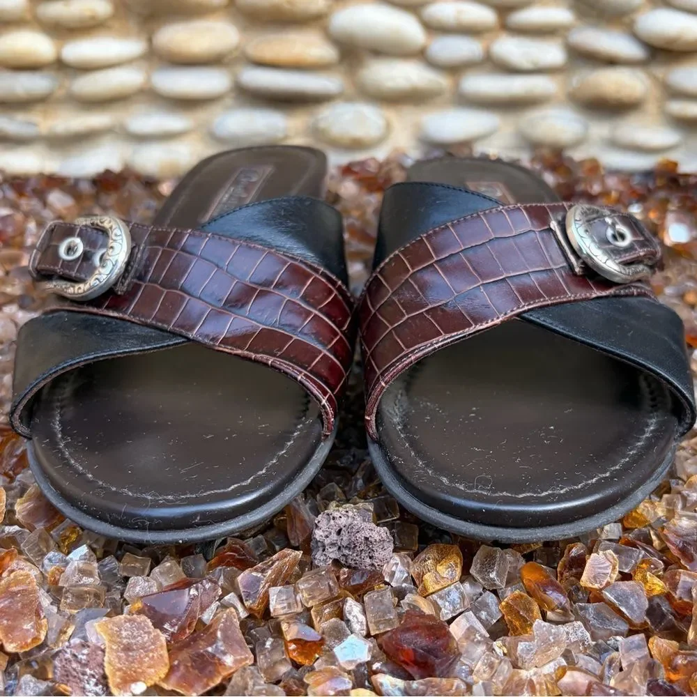 Brighton Lorna Black/Brown Silver Buckle Slip-On Sandales/Loafers Size 7 Boho